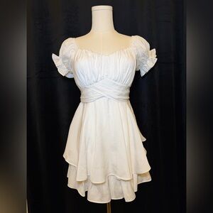 NWOT - White Off-the-shoulder Romper with A Tiered Skirt Overlay. Size Small